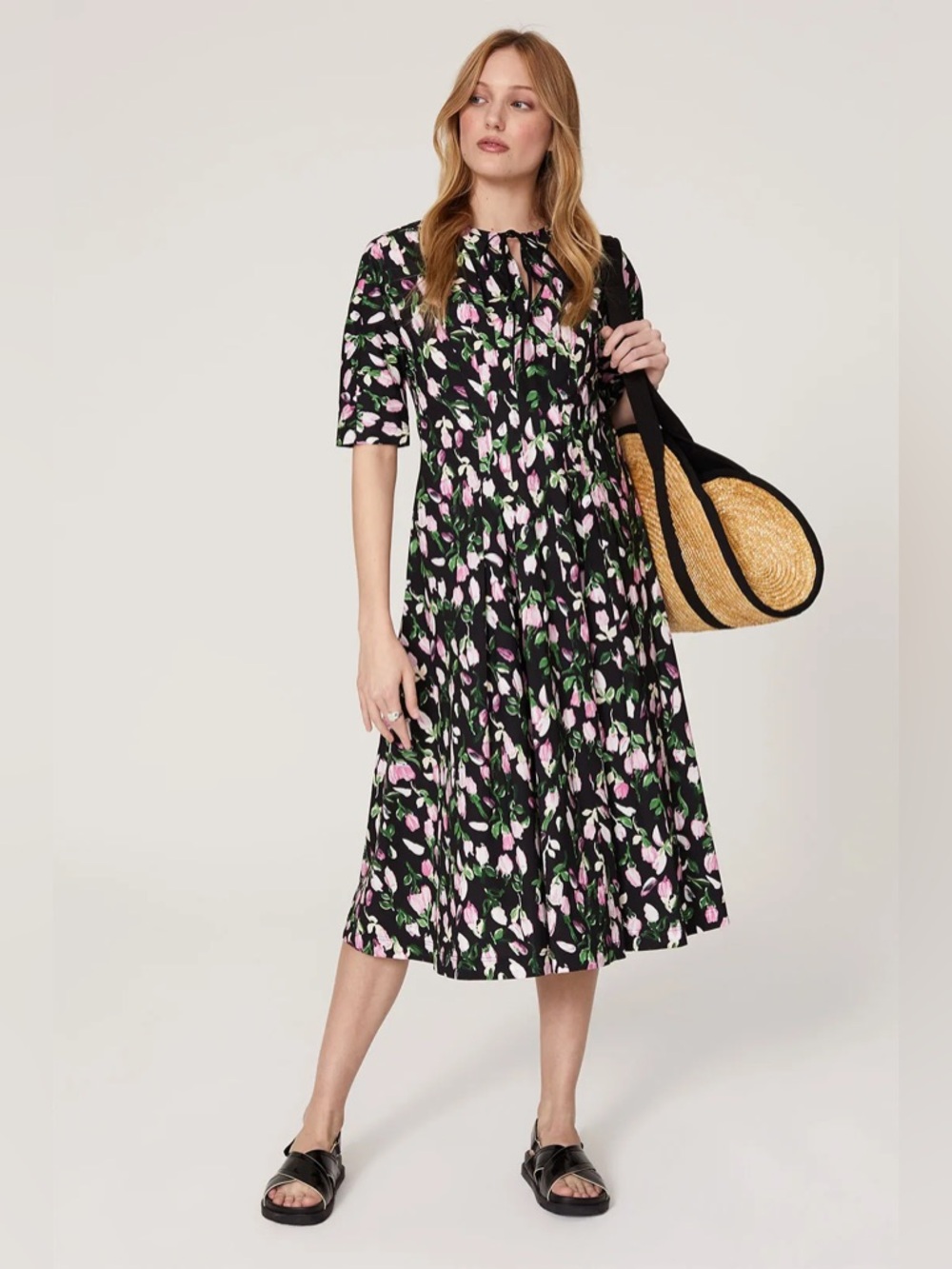 MARNI / Black Poplin Midi Dress with Pink & Green Tulip Print - Sz 10 - Italy